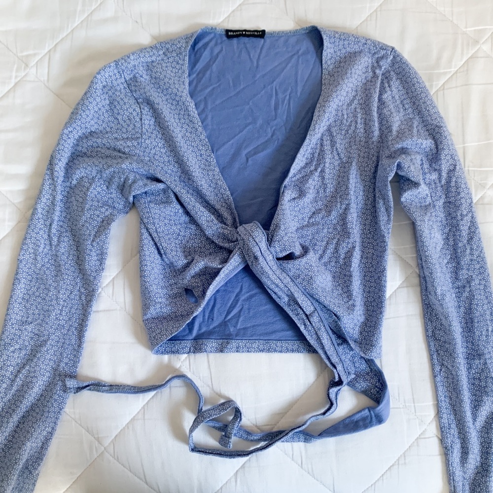 Brandy Melville Blue Floral Tie Front Longsleeve Coco Top